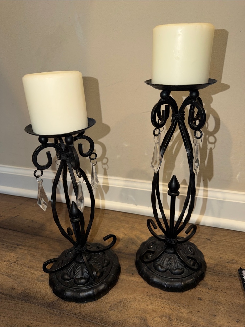 GOTHIC STYLE BLACK WROUGHT IRON SCROLL PILLAR CANDLE HOLDERS W/ HANGING CRYSTALS